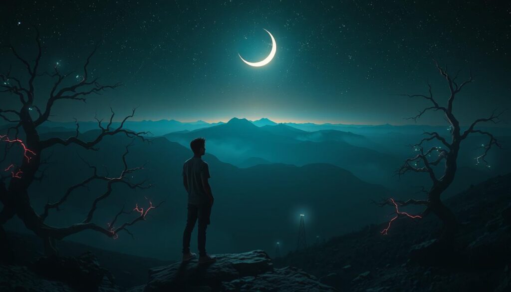 A surreal depiction of the "Dark Night of the Soul," featuring a vast, shadowy landscape under a starry night sky. In the foreground, a solitary figure in modest casual clothing stands on a rocky outcrop, gazing contemplatively into the abyss, illuminated by ethereal neon colors that reflect the surrounding darkness. The middle ground showcases twisted, barren trees with glowing leaves, suggesting a haunting yet mesmerizing atmosphere. Behind them, a distant mountain range looms under a crescent moon, shrouded in a mystic fog. The lighting is dramatic, with a soft glow emanating from the horizon, casting deep shadows that highlight the figure’s introspection. The overall mood evokes a blend of melancholy and hope, encapsulating the struggle before finding purpose, resonating with a contemporary dreamcore aesthetic. A surreal depiction of the "Dark Night of the Soul," featuring a vast, shadowy landscape under a starry night sky. In the foreground, a solitary figure in modest casual clothing stands on a rocky outcrop, gazing contemplatively into the abyss, illuminated by ethereal neon colors that reflect the surrounding darkness. The middle ground showcases twisted, barren trees with glowing leaves, suggesting a haunting yet mesmerizing atmosphere. Behind them, a distant mountain range looms under a crescent moon, shrouded in a mystic fog. The lighting is dramatic, with a soft glow emanating from the horizon, casting deep shadows that highlight the figure’s introspection. The overall mood evokes a blend of melancholy and hope, encapsulating the struggle before finding purpose, resonating with a contemporary dreamcore aesthetic.