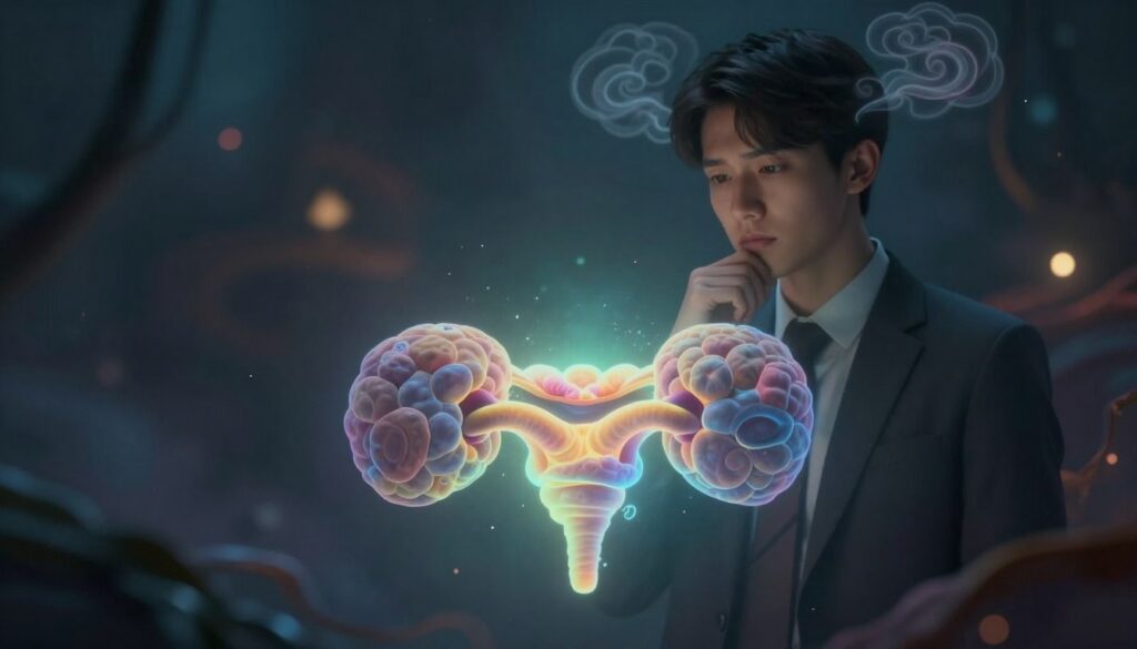 A surreal depiction of the pineal gland, emphasizing its calcification. In the foreground, an anatomical representation of the pineal gland, glowing softly in neon colors, contrasts against a dark, dreamlike backdrop. The gland is surrounded by visual symptoms embodying mental fatigue and low energy, such as faded colors and dimmed light reflections. In the middle ground, a thoughtful young adult in professional attire stares at the gland, their expression conveying contemplation and introspection. The hazy outlines of swirling thoughts can be seen around their head, suggesting a connection to spiritual awareness. The background is a blend of abstract shapes and ethereal lights, evoking a mystical atmosphere. Use soft, diffused lighting to create a sense of depth and mystery, capturing the importance of the pineal gland in spiritual awakening.