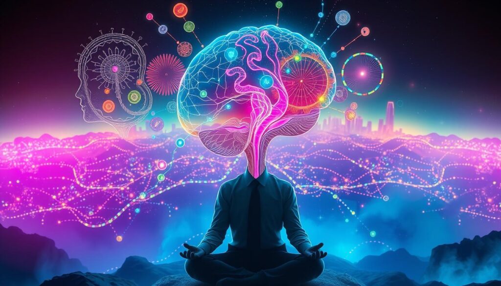 A surreal depiction of the subconscious brain surrounded by vibrant neon colors in a dreamcore style. In the foreground, a translucent human silhouette, dressed in professional business attire, is meditating, with glowing neural pathways visible within the head, symbolizing deep thought and creativity. In the middle, abstract representations of thoughts and emotions materialize as colorful, swirling patterns and shapes, interconnected with luminous lines showcasing the flow of energy. The background features an ethereal landscape resembling a futuristic cityscape with soft lighting and shimmering effects, creating a sense of depth and mystery. The overall atmosphere should feel otherworldly yet enlightening, emphasizing the connection between mind movies and subconscious awareness. High contrast lighting highlights the surreal elements, with a slight lens flare effect to enhance the dreamlike quality. A surreal depiction of the subconscious brain surrounded by vibrant neon colors in a dreamcore style. In the foreground, a translucent human silhouette, dressed in professional business attire, is meditating, with glowing neural pathways visible within the head, symbolizing deep thought and creativity. In the middle, abstract representations of thoughts and emotions materialize as colorful, swirling patterns and shapes, interconnected with luminous lines showcasing the flow of energy. The background features an ethereal landscape resembling a futuristic cityscape with soft lighting and shimmering effects, creating a sense of depth and mystery. The overall atmosphere should feel otherworldly yet enlightening, emphasizing the connection between mind movies and subconscious awareness. High contrast lighting highlights the surreal elements, with a slight lens flare effect to enhance the dreamlike quality.