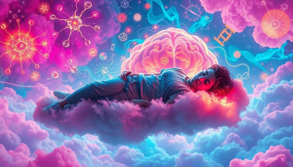 A surreal depiction of the subconscious mind during sleep, set within a dreamcore landscape filled with vibrant neon colors. In the foreground, a serene figure in modest casual clothing is peacefully asleep on a floating cloud, surrounded by swirling, interconnected thought patterns and glowing symbols that represent dreams and subconscious processes. The middle layer features ethereal, abstract imagery of neurons firing, with hints of circuit-like patterns and digital waves, symbolizing brain activity during sleep. The background should present a kaleidoscope of colors and soft, wispy shapes that evoke a sense of tranquility and exploration. The lighting is soft and radiant, casting a mystical glow, creating an atmosphere of fascination and wonder. The angle should be slightly elevated, giving a dreamlike overview of this imaginative scene. A surreal depiction of the subconscious mind during sleep, set within a dreamcore landscape filled with vibrant neon colors. In the foreground, a serene figure in modest casual clothing is peacefully asleep on a floating cloud, surrounded by swirling, interconnected thought patterns and glowing symbols that represent dreams and subconscious processes. The middle layer features ethereal, abstract imagery of neurons firing, with hints of circuit-like patterns and digital waves, symbolizing brain activity during sleep. The background should present a kaleidoscope of colors and soft, wispy shapes that evoke a sense of tranquility and exploration. The lighting is soft and radiant, casting a mystical glow, creating an atmosphere of fascination and wonder. The angle should be slightly elevated, giving a dreamlike overview of this imaginative scene.