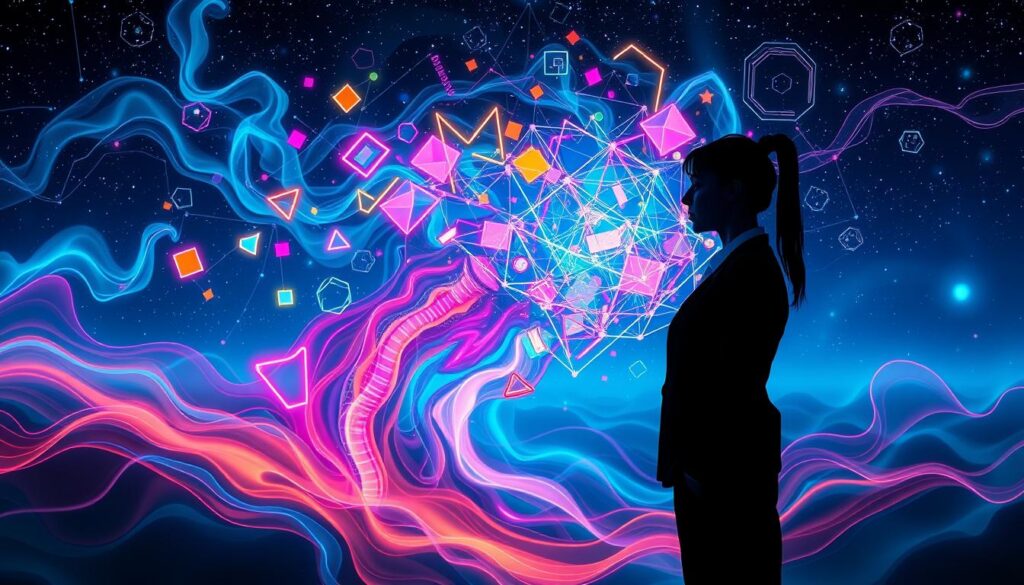 A surreal depiction of the subconscious mind intertwined with automatic patterns. In the foreground, an ethereal figure in professional attire, their silhouette dissolving into a cascade of vibrant, neon geometric shapes representing thoughts and patterns. The middle ground features swirling, dreamlike elements that merge into flowing streams of colors, illustrating the connection between thoughts and emotions. The background showcases a starry night sky filled with abstract forms that suggest the depth of the subconscious, illuminated by soft, ambient lighting creating a calming atmosphere. The entire composition conveys a sense of mystery and introspection, drawing the viewer into the intricate world of the mind's hidden processes. A surreal depiction of the subconscious mind intertwined with automatic patterns. In the foreground, an ethereal figure in professional attire, their silhouette dissolving into a cascade of vibrant, neon geometric shapes representing thoughts and patterns. The middle ground features swirling, dreamlike elements that merge into flowing streams of colors, illustrating the connection between thoughts and emotions. The background showcases a starry night sky filled with abstract forms that suggest the depth of the subconscious, illuminated by soft, ambient lighting creating a calming atmosphere. The entire composition conveys a sense of mystery and introspection, drawing the viewer into the intricate world of the mind's hidden processes.