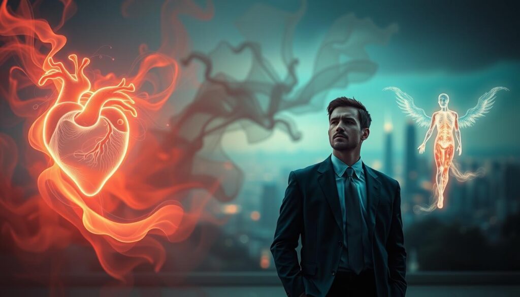 A surreal depiction of twin flame separation symptoms, focusing on an ethereal landscape. In the foreground, a person in professional business attire stands with a contemplative expression, surrounded by swirling neon-colored mist that symbolizes emotional turmoil. The middle ground features abstract representations of a heart cracking and a body illuminated with glowing, pulsating energy waves, suggesting pain and longing. The background displays a dreamlike, blurred cityscape with soft lighting, creating an atmosphere of melancholy yet hope. Use macro lens effects to emphasize details of emotion on the person’s face, while incorporating gentle gradient lighting to enhance the dreamcore aesthetic. The scene conveys a striking blend of vulnerability and strength, inviting viewers to connect deeply with the experience of separation. A surreal depiction of twin flame separation symptoms, focusing on an ethereal landscape. In the foreground, a person in professional business attire stands with a contemplative expression, surrounded by swirling neon-colored mist that symbolizes emotional turmoil. The middle ground features abstract representations of a heart cracking and a body illuminated with glowing, pulsating energy waves, suggesting pain and longing. The background displays a dreamlike, blurred cityscape with soft lighting, creating an atmosphere of melancholy yet hope. Use macro lens effects to emphasize details of emotion on the person’s face, while incorporating gentle gradient lighting to enhance the dreamcore aesthetic. The scene conveys a striking blend of vulnerability and strength, inviting viewers to connect deeply with the experience of separation.