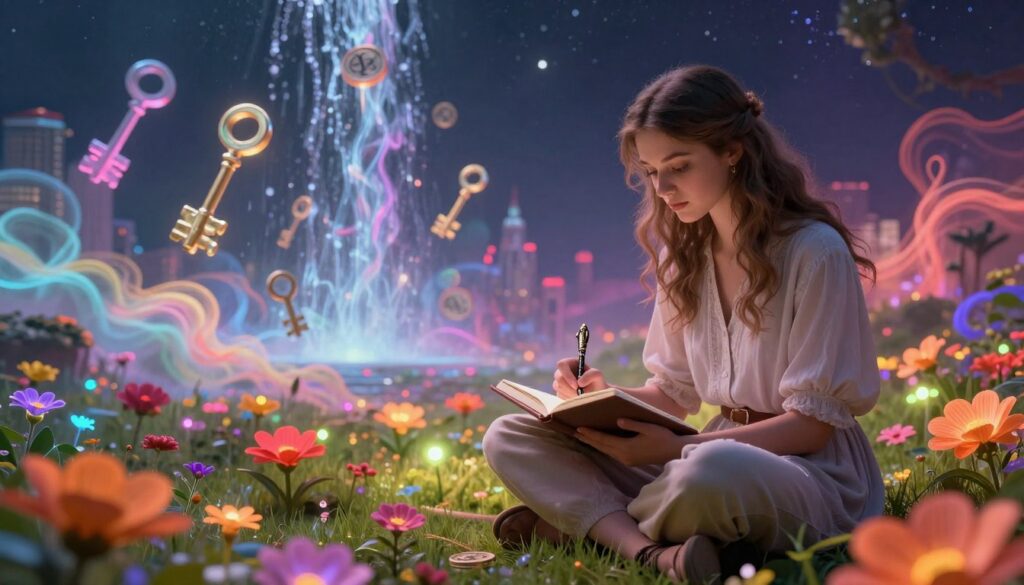 A surreal, dream-like landscape representing the concept of subconscious wealth and inner life. In the foreground, a young Caucasian woman in elegant yet modest attire sits cross-legged on a lush, glowing carpet of vibrant neon flowers, journaling her dreams with an ornate pen. The middle ground features translucent, ethereal shapes of various symbols of abundance—coins, floating keys, and cascading waterfalls—intertwined with wisps of colorful smoke. The background is a softly lit, abstract cityscape blending into a starry sky, embodying the interplay between reality and imagination. Use dynamic lighting to create depth and intrigue, emphasizing the enchanting atmosphere of self-discovery and prosperity. Capture it in a close-up angle with a focus on vibrant colors and dreamy textures, reflecting the essence of dream journaling.