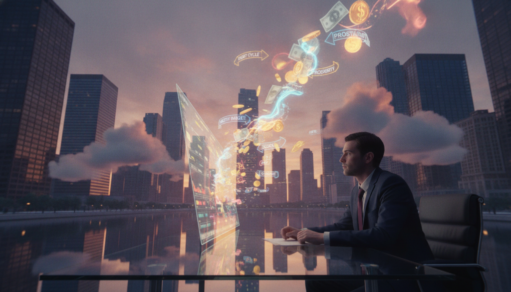 A surreal, dream-like scene illustrating the concept of "repeating money stories." In the foreground, a person dressed in professional business attire is seated at a sleek, modern desk, gazing pensively at a transparent screen displaying swirling images of dollar bills and stacks of coins, symbolizing fleeting financial thoughts. In the middle ground, vibrant neon-colored clouds of money-related phrases and visuals swirl around, creating an ethereal effect, with golden light illuminating their forms. The background features a city skyline at dusk, with glowing skyscrapers reflected in a calm river, enhancing the mood of aspiration and abundance. Soft, ambient lighting enhances the surreal atmosphere, while a low-angle shot amplifies the importance of letting go of limiting beliefs to attract prosperity. A surreal, dream-like scene illustrating the concept of "repeating money stories." In the foreground, a person dressed in professional business attire is seated at a sleek, modern desk, gazing pensively at a transparent screen displaying swirling images of dollar bills and stacks of coins, symbolizing fleeting financial thoughts. In the middle ground, vibrant neon-colored clouds of money-related phrases and visuals swirl around, creating an ethereal effect, with golden light illuminating their forms. The background features a city skyline at dusk, with glowing skyscrapers reflected in a calm river, enhancing the mood of aspiration and abundance. Soft, ambient lighting enhances the surreal atmosphere, while a low-angle shot amplifies the importance of letting go of limiting beliefs to attract prosperity.