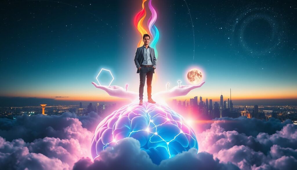 A surreal, dream-like scene representing the "Law of Assumption" concept. In the foreground, a confident young adult in smart casual attire stands atop a large, glowing, abstract representation of the mind, from which vibrant neon colors swirl upward, blending into ethereal shapes that symbolize various personal realities. The middle ground features interconnected pathways made of light that branch out to different vivid scenarios, illustrating the power of assumption shaping outcomes. In the background, a city skyline at twilight gently fades into a cosmic sky filled with stars and swirling galaxies, suggesting infinite possibilities. Soft, atmospheric lighting enhances the dreamy quality while maintaining clarity. The overall mood is empowering and inspiring, inviting exploration of personal potential. A surreal, dream-like scene representing the "Law of Assumption" concept. In the foreground, a confident young adult in smart casual attire stands atop a large, glowing, abstract representation of the mind, from which vibrant neon colors swirl upward, blending into ethereal shapes that symbolize various personal realities. The middle ground features interconnected pathways made of light that branch out to different vivid scenarios, illustrating the power of assumption shaping outcomes. In the background, a city skyline at twilight gently fades into a cosmic sky filled with stars and swirling galaxies, suggesting infinite possibilities. Soft, atmospheric lighting enhances the dreamy quality while maintaining clarity. The overall mood is empowering and inspiring, inviting exploration of personal potential.