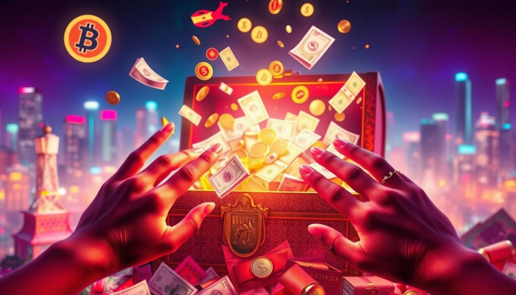 A surreal, dreamcore-inspired scene depicting a overflowing treasure chest filled with vibrant, neon-colored money patterns reflecting various currencies. In the foreground, there are delicate, ethereal hands reaching towards the treasure, symbolizing the connection between self-worth and wealth, adorned with sleek, professional rings. The middle layer features whimsical, floating symbols of abundance—coins, bills, and soft glowing light—surrounding the chest, while a soft-focus background transitions into a colorful, abstract city skyline illuminated by neon lights. The lighting should be soft yet dramatic, creating a mystical atmosphere that inspires the viewer, captured from a low angle to emphasize the treasure chest's allure. A surreal, dreamcore-inspired scene depicting a overflowing treasure chest filled with vibrant, neon-colored money patterns reflecting various currencies. In the foreground, there are delicate, ethereal hands reaching towards the treasure, symbolizing the connection between self-worth and wealth, adorned with sleek, professional rings. The middle layer features whimsical, floating symbols of abundance—coins, bills, and soft glowing light—surrounding the chest, while a soft-focus background transitions into a colorful, abstract city skyline illuminated by neon lights. The lighting should be soft yet dramatic, creating a mystical atmosphere that inspires the viewer, captured from a low angle to emphasize the treasure chest's allure.