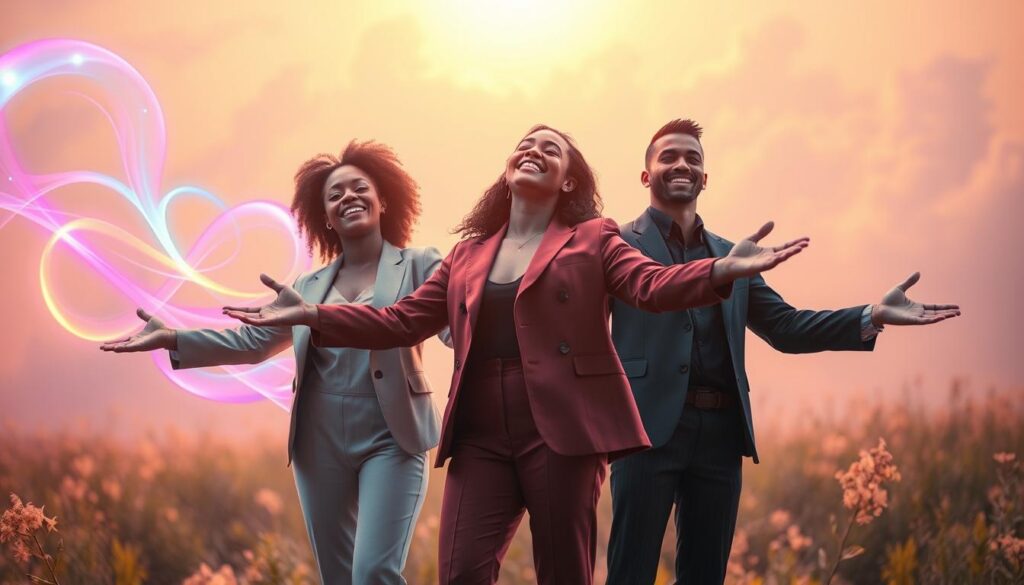 A surreal, dreamcore-inspired scene depicting a powerful "mood and energy shift." In the foreground, a diverse group of three individuals, dressed in stylish, professional attire, stand gracefully with arms outstretched, embodying positivity and illumination. Their facial expressions convey joy and empowerment, with vivid neon colors reflecting off their skin. In the middle ground, swirling abstract shapes and vibrant light trails blend harmoniously, symbolizing the transition of energy around them. The background features a hazy landscape of softly glowing plants and ethereal clouds, bathed in a warm, golden light, suggesting transformation. The scene captures an uplifting atmosphere, using dynamic angles and soft focus, reminiscent of a high-end magazine advertisement targeted at the adult Gen Z audience, invoking a sense of serenity and renewal. A surreal, dreamcore-inspired scene depicting a powerful "mood and energy shift." In the foreground, a diverse group of three individuals, dressed in stylish, professional attire, stand gracefully with arms outstretched, embodying positivity and illumination. Their facial expressions convey joy and empowerment, with vivid neon colors reflecting off their skin. In the middle ground, swirling abstract shapes and vibrant light trails blend harmoniously, symbolizing the transition of energy around them. The background features a hazy landscape of softly glowing plants and ethereal clouds, bathed in a warm, golden light, suggesting transformation. The scene captures an uplifting atmosphere, using dynamic angles and soft focus, reminiscent of a high-end magazine advertisement targeted at the adult Gen Z audience, invoking a sense of serenity and renewal.