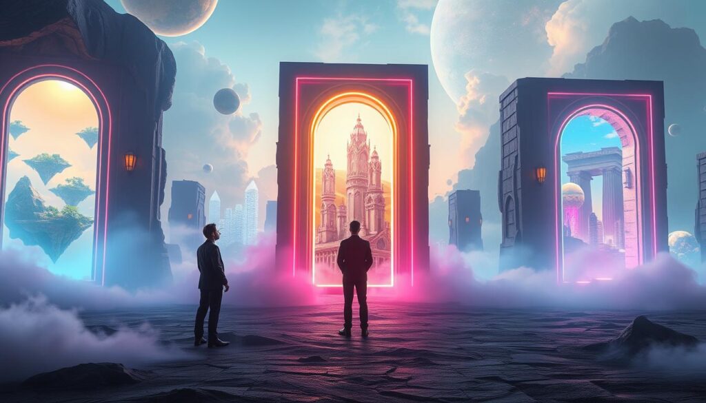 A surreal dreamcore landscape showcasing multiple portals leading to diverse realities. In the foreground, a person dressed in professional business attire stands confidently, gazing at the shimmering glowing doorways. Each portal, infused with vibrant neon colors, opens to fantastical realms—one filled with floating islands, another with crystalline structures, and a third with a futuristic cityscape. The middle ground features ethereal mist swirling around the portals, while the background reveals abstract, warped dimensions fading into the distance, hinting at infinite possibilities. Soft, ambient lighting highlights the portals, creating a magical atmosphere. The angle is slightly elevated, emphasizing the grandeur of the scene and inspiring a sense of exploration and wonder. A surreal dreamcore landscape showcasing multiple portals leading to diverse realities. In the foreground, a person dressed in professional business attire stands confidently, gazing at the shimmering glowing doorways. Each portal, infused with vibrant neon colors, opens to fantastical realms—one filled with floating islands, another with crystalline structures, and a third with a futuristic cityscape. The middle ground features ethereal mist swirling around the portals, while the background reveals abstract, warped dimensions fading into the distance, hinting at infinite possibilities. Soft, ambient lighting highlights the portals, creating a magical atmosphere. The angle is slightly elevated, emphasizing the grandeur of the scene and inspiring a sense of exploration and wonder.