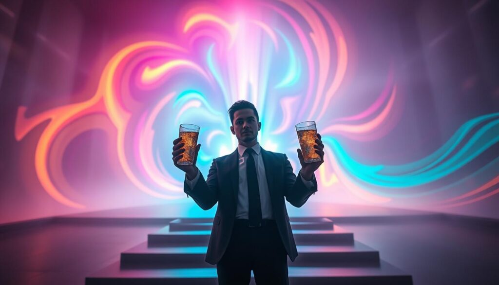 A surreal dreamcore scene capturing the essence of "reality shifting manifestation." In the foreground, a figure dressed in stylish, professional attire exudes confidence, holding two shimmering cups that represent alternate timelines. The middle ground features vibrant, swirling neon colors that blend together, hinting at a cosmic energy field. The background showcases a portal-like structure with ethereal light cascading through, creating a mystical atmosphere. Use soft, diffused lighting to enhance the dreamy quality, while shooting from a low angle to create an immersive perspective. The overall mood is uplifting and inspiring, evoking a sense of possibility and transformation within a rich, fantastical environment. A surreal dreamcore scene capturing the essence of "reality shifting manifestation." In the foreground, a figure dressed in stylish, professional attire exudes confidence, holding two shimmering cups that represent alternate timelines. The middle ground features vibrant, swirling neon colors that blend together, hinting at a cosmic energy field. The background showcases a portal-like structure with ethereal light cascading through, creating a mystical atmosphere. Use soft, diffused lighting to enhance the dreamy quality, while shooting from a low angle to create an immersive perspective. The overall mood is uplifting and inspiring, evoking a sense of possibility and transformation within a rich, fantastical environment.
