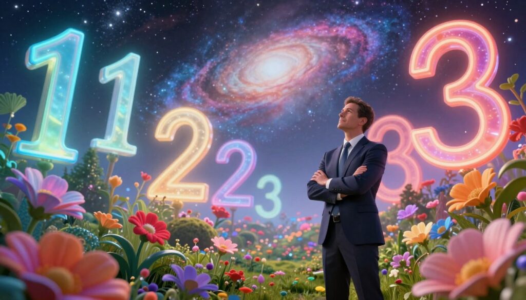 A surreal dreamcore scene depicting an ethereal landscape filled with floating, glowing numbers like "111", "222", and "333" intertwined with vibrant neon colors. In the foreground, a confident Caucasian adult in professional business attire stands with arms crossed, gazing up at the numbers as if they hold the key to success. In the middle ground, a lush garden symbolizes growth, with oversized flowers reflecting the same vibrant neon hues as the numbers. The background features a cosmic sky filled with gently swirling galaxies and stars, creating a sense of infinite possibilities. The overall lighting is soft yet radiant, with a focus on illuminating the repeating numbers, evoking a mood of inspiration and abundance. The image is framed in a dynamic angle to enhance depth and intrigue, suitable for a high-end magazine advertisement.