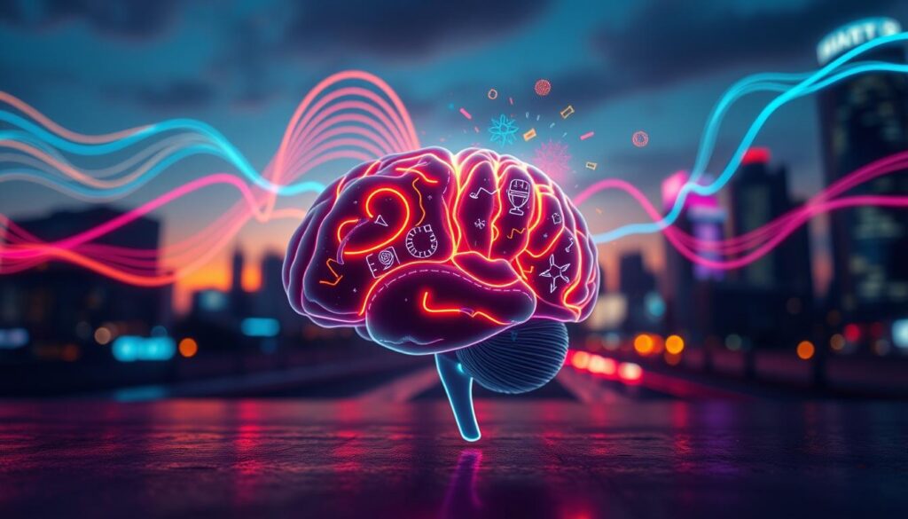 A surreal dreamcore scene depicting the concept of subliminal messaging and brain processing. In the foreground, an illuminated human brain is set against a backdrop of colorful, flowing neon waves representing thoughts and ideas. The middle layer features abstract patterns and symbols, subtly blending in to resemble hidden messages, swirling around the brain to illustrate the concept of subliminal influence. The background consists of a softly blurred cityscape at dusk, casting a vibrant glow that enhances the atmosphere of innovation and inspiration. Soft, ethereal lighting adds a sense of mystery and depth, while a low angle perspective draws the viewer into this intriguing exploration of the mind. The overall mood is futuristic and thought-provoking, inviting viewers to contemplate the complexities of brain processing and subliminal communication. A surreal dreamcore scene depicting the concept of subliminal messaging and brain processing. In the foreground, an illuminated human brain is set against a backdrop of colorful, flowing neon waves representing thoughts and ideas. The middle layer features abstract patterns and symbols, subtly blending in to resemble hidden messages, swirling around the brain to illustrate the concept of subliminal influence. The background consists of a softly blurred cityscape at dusk, casting a vibrant glow that enhances the atmosphere of innovation and inspiration. Soft, ethereal lighting adds a sense of mystery and depth, while a low angle perspective draws the viewer into this intriguing exploration of the mind. The overall mood is futuristic and thought-provoking, inviting viewers to contemplate the complexities of brain processing and subliminal communication.