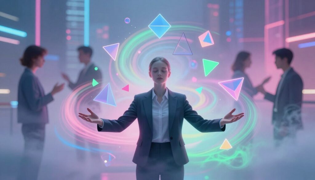 A surreal dreamcore scene depicting the concept of synchronicity and meaningful coincidences. In the foreground, an ethereal figure in professional business attire stands with outstretched hands, surrounded by shimmering, floating geometric shapes representing interconnected events. The middle ground features a swirling mist of vibrant neon colors—pinks, blues, and greens—symbolizing the energy of synchronicity. In the background, an abstract cityscape with softly blurred outlines of people interacting, deeply engaged in their own meaningful moments. The lighting is soft yet luminous, with a slight glow emanating from the geometric shapes, creating an otherworldly atmosphere. The image should evoke a sense of wonder and connection, capturing the essence of intuition and coincidence.