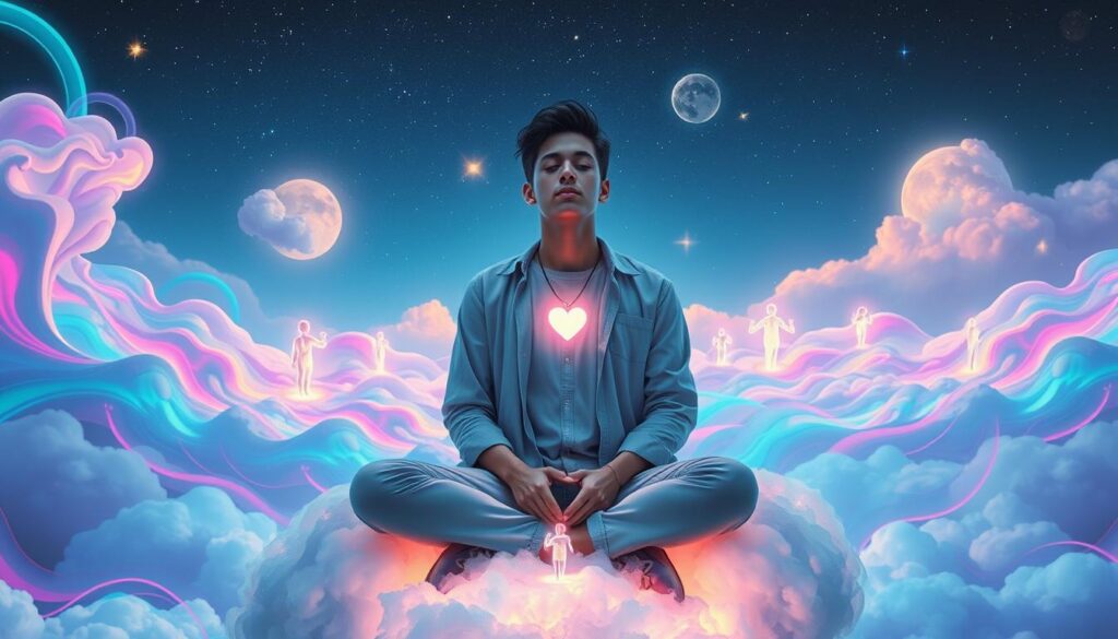 A surreal dreamcore scene illustrating the concept of "desired reality visualization." In the foreground, a focused young adult in stylish, modest casual clothing sits cross-legged on a cloud amidst a vibrant, swirling landscape filled with neon colors and abstract shapes. Their eyes are closed, and a soft glow emanates from their heart, symbolizing intention. In the middle ground, ethereal figures representing aspirations and dreams float around, illuminated by soft, colorful lights. The background features a cosmic sky with stars and gentle clouds, creating an expansive, mystical atmosphere. Use a shallow depth of field to highlight the subject, with soft, diffused lighting casting a magical glow over the scene, conveying a sense of peace and inspiration. A surreal dreamcore scene illustrating the concept of "desired reality visualization." In the foreground, a focused young adult in stylish, modest casual clothing sits cross-legged on a cloud amidst a vibrant, swirling landscape filled with neon colors and abstract shapes. Their eyes are closed, and a soft glow emanates from their heart, symbolizing intention. In the middle ground, ethereal figures representing aspirations and dreams float around, illuminated by soft, colorful lights. The background features a cosmic sky with stars and gentle clouds, creating an expansive, mystical atmosphere. Use a shallow depth of field to highlight the subject, with soft, diffused lighting casting a magical glow over the scene, conveying a sense of peace and inspiration.