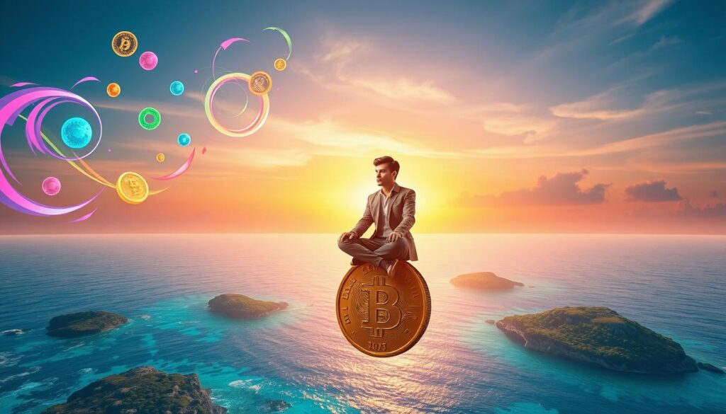 A surreal dreamcore scene representing the transformation of scarcity thoughts into an abundance mindset. In the foreground, a figure in smart casual attire, sitting cross-legged on a floating, oversized gold coin, with a contemplative expression. Vibrant neon colors swirl around, depicting thoughts visualized as colorful energy orbs. In the middle ground, a crystal-clear, shimmering ocean represents unlimited potential, with lush green islands symbolizing growth and opportunities. The background features a striking sunset, casting warm, golden light that contrasts with cooler shades of blue and purple in the sky, creating a sense of peace and optimism. Lens flare effects enhance the ethereal quality of the scene, while the overall atmosphere feels uplifting and transformative, encouraging a mindset shift. A surreal dreamcore scene representing the transformation of scarcity thoughts into an abundance mindset. In the foreground, a figure in smart casual attire, sitting cross-legged on a floating, oversized gold coin, with a contemplative expression. Vibrant neon colors swirl around, depicting thoughts visualized as colorful energy orbs. In the middle ground, a crystal-clear, shimmering ocean represents unlimited potential, with lush green islands symbolizing growth and opportunities. The background features a striking sunset, casting warm, golden light that contrasts with cooler shades of blue and purple in the sky, creating a sense of peace and optimism. Lens flare effects enhance the ethereal quality of the scene, while the overall atmosphere feels uplifting and transformative, encouraging a mindset shift.