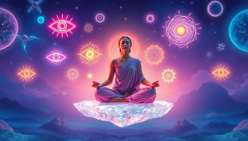 A surreal, dreamlike landscape showcasing "intuition awakening signs" with vibrant neon colors. In the foreground, a meditative figure in modest, flowing attire sits cross-legged on a floating crystal platform, eyes gently closed, radiating soft light from the forehead where the third eye chakra is located. In the middle ground, luminous symbols of intuition—like eye motifs, swirling galaxies, and spiraling energy patterns—float around the figure, creating a sense of connection to the universe. The background features a cosmic sky with abstract shapes, illuminated by a gradient of deep blues and purples, evoking a mystical atmosphere. Soft, ethereal light filters through, highlighting the serene mood, captured from a slightly low angle to emphasize the figure’s presence and the overarching feeling of awakening and enlightenment. A surreal, dreamlike landscape showcasing "intuition awakening signs" with vibrant neon colors. In the foreground, a meditative figure in modest, flowing attire sits cross-legged on a floating crystal platform, eyes gently closed, radiating soft light from the forehead where the third eye chakra is located. In the middle ground, luminous symbols of intuition—like eye motifs, swirling galaxies, and spiraling energy patterns—float around the figure, creating a sense of connection to the universe. The background features a cosmic sky with abstract shapes, illuminated by a gradient of deep blues and purples, evoking a mystical atmosphere. Soft, ethereal light filters through, highlighting the serene mood, captured from a slightly low angle to emphasize the figure’s presence and the overarching feeling of awakening and enlightenment.