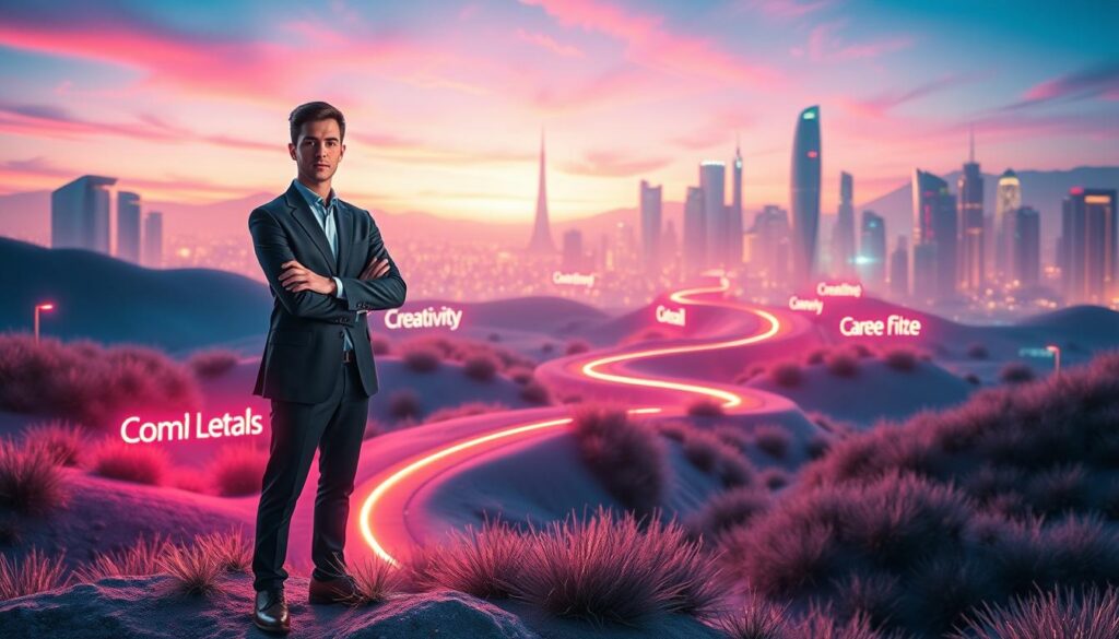 A surreal, dreamlike landscape showcasing the concept of "detachment and committed goals." In the foreground, a poised, professional adult in business attire stands calmly with arms crossed, radiating confidence and focus. The middle ground features a winding path symbolizing goals, lined with glowing neon signs representing various aspirations, such as creativity, career advancement, and personal growth. The background is a vibrant, abstract cityscape with futuristic skyscrapers and soft, pastel dreamcore colors blending harmoniously, illuminated by a surreal twilight sky. The lighting is soft yet vibrant, casting gentle glows on the scene, invoking a sense of calm determination. The overall mood is inspiring, reflecting the balance between releasing control and maintaining commitment to one's objectives. A surreal, dreamlike landscape showcasing the concept of "detachment and committed goals." In the foreground, a poised, professional adult in business attire stands calmly with arms crossed, radiating confidence and focus. The middle ground features a winding path symbolizing goals, lined with glowing neon signs representing various aspirations, such as creativity, career advancement, and personal growth. The background is a vibrant, abstract cityscape with futuristic skyscrapers and soft, pastel dreamcore colors blending harmoniously, illuminated by a surreal twilight sky. The lighting is soft yet vibrant, casting gentle glows on the scene, invoking a sense of calm determination. The overall mood is inspiring, reflecting the balance between releasing control and maintaining commitment to one's objectives.