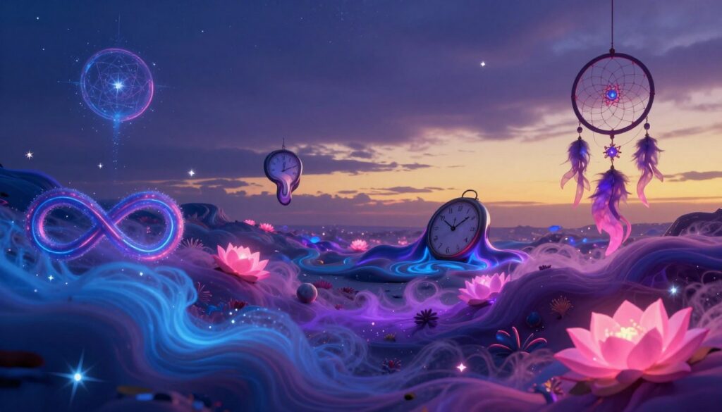 A surreal dreamlike landscape where vivid dreams and manifestation symbols intertwine. In the foreground, swirls of neon colors—deep blues, vibrant purples, and glowing pinks—create an ethereal atmosphere, interspersed with shimmering stars and mystical symbols like the infinity loop, lotus flowers, and dreamcatchers. The middle ground features abstract shapes and reflections resembling a melting clock, suggesting the fluidity of time in dreams. In the background, a serene twilight sky transitions from deep indigo to a radiant gold horizon, casting soft lighting across the scene. The mood is enchanting and inspiring, evoking a sense of hope and possibility, perfect for adults embracing the power of manifestation. The composition should showcase a dynamic angle, emphasizing the depth and layers of this rich dreamscape.