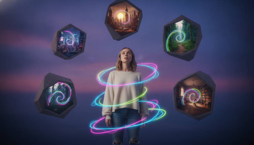 A surreal dreamlike scene capturing the essence of "reality shifting expectations". In the foreground, a young Caucasian woman in modest casual clothing stands confidently, gazing upwards as vibrant neon colors swirl around her. Her expression is a mix of wonder and determination, symbolizing the transformative journey of the Raven Method. In the middle ground, abstract shapes and glowing portals illustrate different realities, each with distinct atmospheres representing various life choices. The background features a gradient sky transitioning from twilight blues to radiant purples, adding an ethereal quality. Utilize soft, ambient lighting to enhance the dreamcore aesthetic, with a slight vignette effect to focus on the subject. The image should evoke a sense of hope and curiosity, perfect for captivating an adult Gen Z audience intrigued by self-discovery and transformation. A surreal dreamlike scene capturing the essence of "reality shifting expectations". In the foreground, a young Caucasian woman in modest casual clothing stands confidently, gazing upwards as vibrant neon colors swirl around her. Her expression is a mix of wonder and determination, symbolizing the transformative journey of the Raven Method. In the middle ground, abstract shapes and glowing portals illustrate different realities, each with distinct atmospheres representing various life choices. The background features a gradient sky transitioning from twilight blues to radiant purples, adding an ethereal quality. Utilize soft, ambient lighting to enhance the dreamcore aesthetic, with a slight vignette effect to focus on the subject. The image should evoke a sense of hope and curiosity, perfect for captivating an adult Gen Z audience intrigued by self-discovery and transformation.