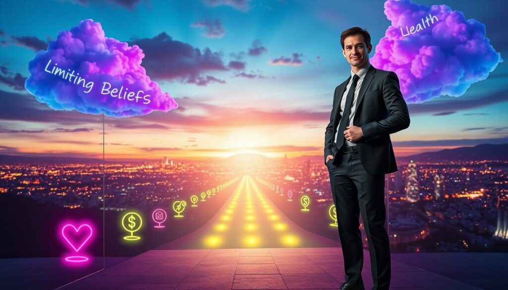 A surreal, dreamlike scene depicting a person in professional business attire, standing confidently in the foreground, surrounded by colorful neon clouds representing limiting beliefs in shades of purple and blue. The person is breaking free from a transparent glass barrier that symbolizes mental constraints. In the middle ground, a path lined with glowing symbols of financial and health icons, such as coins, hearts, and scales, leads toward a radiant horizon filled with light, symbolizing progress and potential. The background features a vibrant cityscape under a twilight sky, illuminated by neon lights, creating an atmosphere of hope and enlightenment. The composition emphasizes empowerment and clarity, showcasing the struggle against limiting beliefs in a visually striking manner. A surreal, dreamlike scene depicting a person in professional business attire, standing confidently in the foreground, surrounded by colorful neon clouds representing limiting beliefs in shades of purple and blue. The person is breaking free from a transparent glass barrier that symbolizes mental constraints. In the middle ground, a path lined with glowing symbols of financial and health icons, such as coins, hearts, and scales, leads toward a radiant horizon filled with light, symbolizing progress and potential. The background features a vibrant cityscape under a twilight sky, illuminated by neon lights, creating an atmosphere of hope and enlightenment. The composition emphasizes empowerment and clarity, showcasing the struggle against limiting beliefs in a visually striking manner.