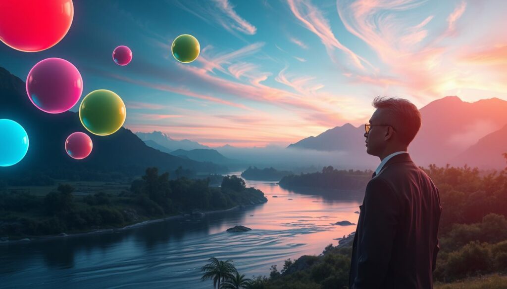 A surreal, dreamlike scene depicting the concept of "lowering excess importance in reality." In the foreground, an individual in professional business attire appears contemplative, surrounded by floating neon colored spheres representing burdens and distractions. In the middle ground, a tranquil landscape features a gently flowing river reflecting soft light, symbolizing ease and flow in life, with lush greenery on either side. In the background, ethereal mountains rise under a twilight sky filled with swirling colors, enhancing the dreamcore aesthetic. The lighting is soft, with an otherworldly glow illuminating the spheres and landscape, creating a harmonious and serene atmosphere that invites reflection and clarity. The scene conveys a sense of tranquility and liberation, evoking the essence of releasing unnecessary importance.