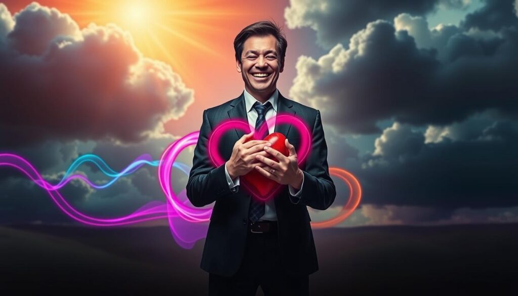 A surreal, dreamlike scene depicting the concept of toxic positivity and emotional health. In the foreground, a person in professional business attire stands conflicted, with a forced, bright smile while clutching a heart that appears heavy and burdened. The middle ground features vibrant neon colors swirling together, symbolizing chaos beneath the surface of a cheerful exterior. In the background, an abstract landscape of cloud-like shapes and bright sun rays contrasts with dark storm clouds, representing the interplay of happiness and hidden emotional struggles. The lighting is dynamic, with a glow highlighting the subject and casting deep shadows, creating a moody yet striking atmosphere. The perspective is slightly angled, evoking a sense of imbalance, illustrating the theme of toxic positivity. A surreal, dreamlike scene depicting the concept of toxic positivity and emotional health. In the foreground, a person in professional business attire stands conflicted, with a forced, bright smile while clutching a heart that appears heavy and burdened. The middle ground features vibrant neon colors swirling together, symbolizing chaos beneath the surface of a cheerful exterior. In the background, an abstract landscape of cloud-like shapes and bright sun rays contrasts with dark storm clouds, representing the interplay of happiness and hidden emotional struggles. The lighting is dynamic, with a glow highlighting the subject and casting deep shadows, creating a moody yet striking atmosphere. The perspective is slightly angled, evoking a sense of imbalance, illustrating the theme of toxic positivity.