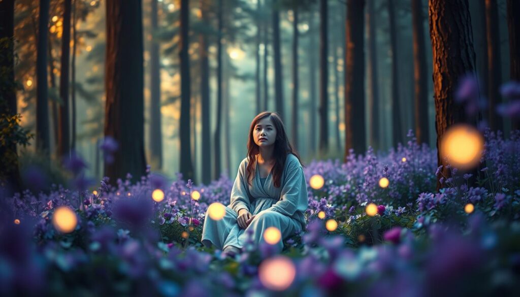 A surreal, dreamlike scene featuring an ethereal figure embodying the concept of an indigo child. The figure, dressed in modest, flowing attire, is seated in a lush, mystical forest, surrounded by vibrant neon-blue and purple flora, symbolizing emotional sensitivity and intuition. In the foreground, delicate glowing orbs float softly around them, illustrating heightened awareness. The background is softly blurred, showcasing tall, shadowy trees that filter streams of soft, luminous light, creating a tranquil atmosphere. Use warm, diffused lighting to enhance the dreamcore aesthetics, with a high-angle perspective that gives a sense of connection to the universe. The overall mood is serene and reflective, inviting viewers to explore the depth of emotional sensitivity. No text or branding included.