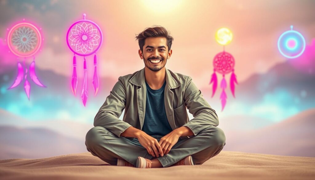 A surreal, dreamlike scene portraying "forced optimism and manifestations." In the foreground, an adult Gen Z individual in stylish, modest casual attire sits cross-legged, visibly struggling with a bright, forced smile. Their eyes convey a sense of pressure, creating an atmosphere of duality between inner turmoil and outward positivity. The middle ground features an abstract representation of colorful manifesting symbols, like dream catchers and glowing orbs, blending neon colors like electric pinks and blues, reflecting a high-end magazine advertisement aesthetic. The background is a soft, blurred landscape that suggests an otherworldly realm, infused with a gentle light source from above, casting ethereal shadows. The overall mood is a conflict between cheerfulness and tension, highlighting the paradox of toxic positivity. A surreal, dreamlike scene portraying "forced optimism and manifestations." In the foreground, an adult Gen Z individual in stylish, modest casual attire sits cross-legged, visibly struggling with a bright, forced smile. Their eyes convey a sense of pressure, creating an atmosphere of duality between inner turmoil and outward positivity. The middle ground features an abstract representation of colorful manifesting symbols, like dream catchers and glowing orbs, blending neon colors like electric pinks and blues, reflecting a high-end magazine advertisement aesthetic. The background is a soft, blurred landscape that suggests an otherworldly realm, infused with a gentle light source from above, casting ethereal shadows. The overall mood is a conflict between cheerfulness and tension, highlighting the paradox of toxic positivity.