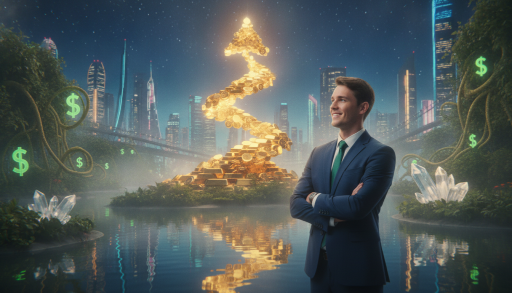 A surreal, dreamlike scene reflecting wealth manifestation and healthy money beliefs. In the foreground, a young Caucasian man in a tailored business suit stands confidently with arms crossed, gazing towards a floating pile of luminous gold coins, symbolizing prosperity. The middle ground features a reflective, tranquil pond surrounded by vibrant greenery and abstract representations of currency, such as flowing vines with glowing dollar signs. In the background, a breathtaking skyline, illuminated by neon colors, showcases futuristic architecture under a starry night sky. Soft, ethereal lighting casts a warm glow, creating an optimistic and inviting atmosphere, while a gentle fog weaves through the scene to enhance the dreamcore aesthetic.