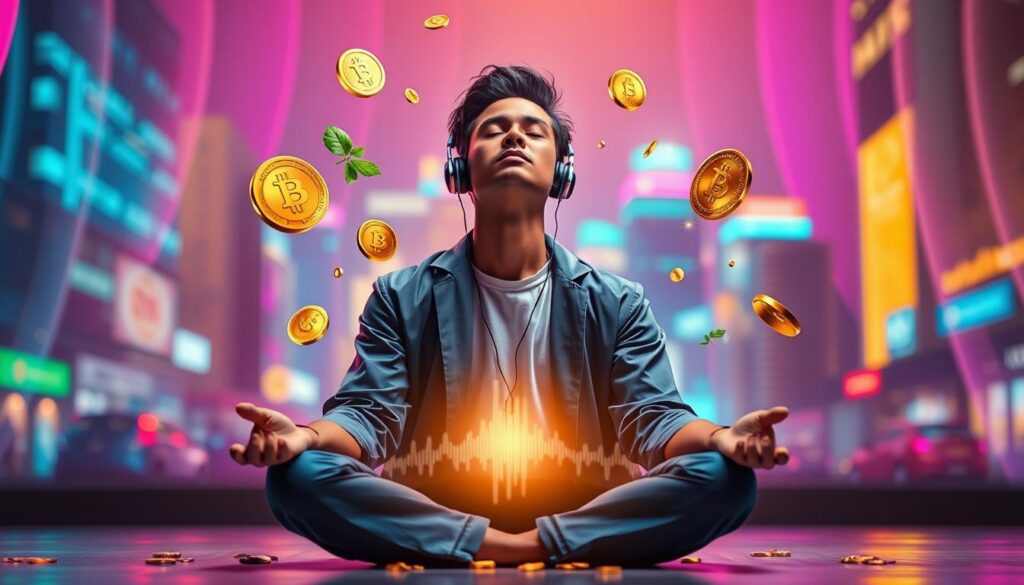 A surreal, dreamlike scene representing a "Fresh Abundance Mindset," featuring an artistic arrangement of vibrant neon colors cascading across the composition. In the foreground, a stylishly dressed adult Gen Z individual sits cross-legged, earphones on, eyes closed in deep meditation. Their expression is serene and absorbed, surrounded by floating abstract symbols of wealth and positivity like gold coins, lush greenery, and sparkles of light. In the middle ground, a soft, translucent soundwave undulates, symbolizing the flow of abundance. The background offers a blurred cityscape lit with luminous colors, suggesting prosperity and opportunity. The lighting is soft yet glowing, casting a warm, inviting atmosphere. Capture this scene with a shallow depth of field, ensuring the focal point remains the meditating figure while the background subtly enhances the theme of abundance.