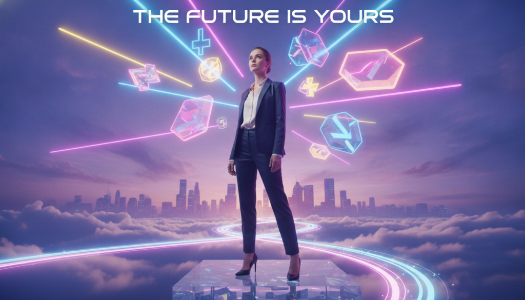 A surreal dreamscape embodying "desired reality visualization," featuring a young adult Caucasian woman in professional business attire, standing confidently at the forefront. She gazes upward, illuminated by neon light emanating from floating geometric shapes, symbolizing aspirations and new beginnings. The middle ground blends ethereal elements, such as wispy clouds and shimmering pathways, creating an atmosphere of possibility and growth. In the background, a hazy cityscape glimmers with a twilight glow, showcasing the transition from dreams to reality. The composition employs a dramatic perspective, shot from below her eye level, enhancing her sense of empowerment. Bright neon colors dominate the palette, imbuing the scene with an energetic yet hopeful mood, suitable for a high-end magazine aesthetic. The lighting casts soft shadows, adding depth and intrigue without distractions. A surreal dreamscape embodying "desired reality visualization," featuring a young adult Caucasian woman in professional business attire, standing confidently at the forefront. She gazes upward, illuminated by neon light emanating from floating geometric shapes, symbolizing aspirations and new beginnings. The middle ground blends ethereal elements, such as wispy clouds and shimmering pathways, creating an atmosphere of possibility and growth. In the background, a hazy cityscape glimmers with a twilight glow, showcasing the transition from dreams to reality. The composition employs a dramatic perspective, shot from below her eye level, enhancing her sense of empowerment. Bright neon colors dominate the palette, imbuing the scene with an energetic yet hopeful mood, suitable for a high-end magazine aesthetic. The lighting casts soft shadows, adding depth and intrigue without distractions.