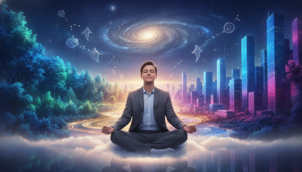 A surreal dreamscape illustrating the concept of "desired reality visualization and mental health." In the foreground, a focused adult Gen Z individual, Caucasian, dressed in professional business attire, sits cross-legged on a soft, luminous cloud, eyes closed in meditation. The middle layer features vibrant surreal imagery of shifting realities: ethereal landscapes shifting from calming forests to bustling cityscapes, all bathed in neon colors. The background shows a starry sky with swirling galaxies and dreamlike elements, creating a sense of transcendence. Soft, ambient lighting with a slightly glossy finish enhances the atmosphere, evoking tranquility and introspection. The overall mood is one of hope and aspiration, inviting viewers to envision a healthier mental state through visualization techniques. A surreal dreamscape illustrating the concept of "desired reality visualization and mental health." In the foreground, a focused adult Gen Z individual, Caucasian, dressed in professional business attire, sits cross-legged on a soft, luminous cloud, eyes closed in meditation. The middle layer features vibrant surreal imagery of shifting realities: ethereal landscapes shifting from calming forests to bustling cityscapes, all bathed in neon colors. The background shows a starry sky with swirling galaxies and dreamlike elements, creating a sense of transcendence. Soft, ambient lighting with a slightly glossy finish enhances the atmosphere, evoking tranquility and introspection. The overall mood is one of hope and aspiration, inviting viewers to envision a healthier mental state through visualization techniques.