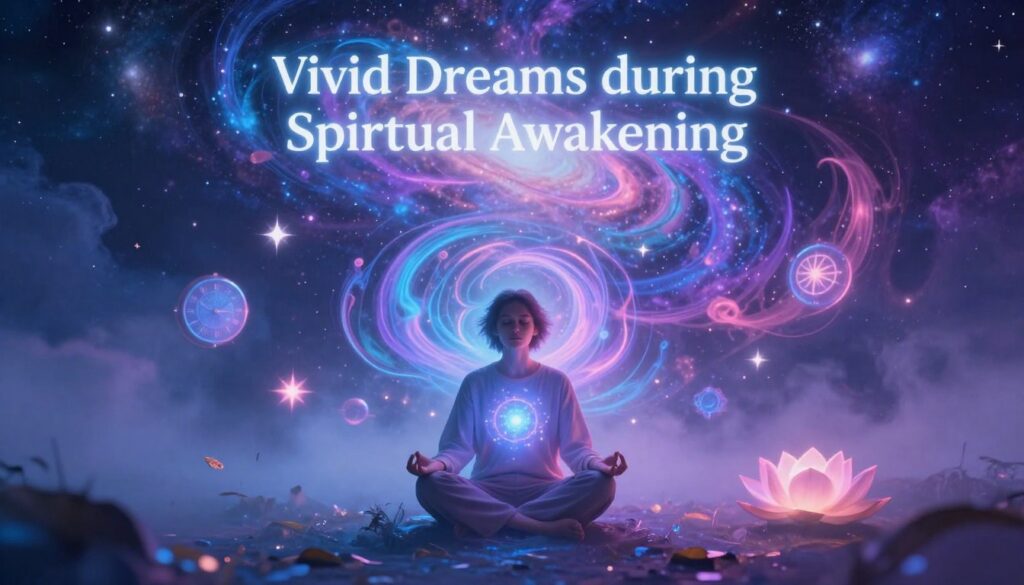 A surreal dreamscape representing "Vivid Dreams during Spiritual Awakening," featuring ethereal, swirling neon colors of blue, purple, and pink dominating the scene. In the foreground, visualize a peaceful figure in modest casual clothing, seated in a meditative pose with eyes gently closed, surrounded by glimmering orbs of light that symbolize messages from the inner mind. In the middle ground, abstract representations of dream symbols like clocks, stars, and lotus flowers float amidst a misty haze, creating a sense of deep introspection. The background should depict a cosmic sky, filled with shimmering galaxies and wisps of clouds, bathed in soft, ambient lighting that evokes a trance-like mood. Use a wide-angle lens to capture a sense of depth and wonder, ensuring the scene feels immersive and dreamlike.