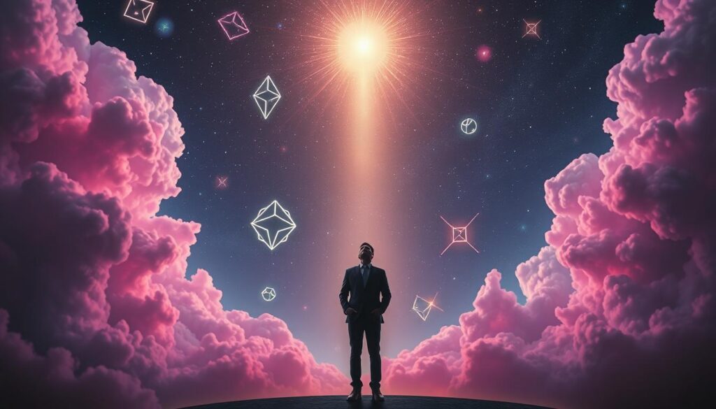 A surreal dreamscape representing vivid and lucid dreams during a spiritual awakening, featuring an ethereal figure in professional attire standing at the forefront. The figure gazes upward, surrounded by swirling, neon-colored clouds and celestial elements that evoke deep introspection. In the middle ground, floating geometric shapes and luminescent orbs create a sense of wonder and exploration. The background is filled with a starry night sky interspersed with radiant galaxies and shimmering constellations. Soft, multi-colored lights emanate from the dream elements, casting a mystical glow. The mood is ethereal and enchanting, conveying a sense of enlightenment and self-discovery. Use a wide-angle lens to emphasize depth, ensuring the lighting is soft yet vibrant, capturing the essence of clarity and the transformative power of dreams.
