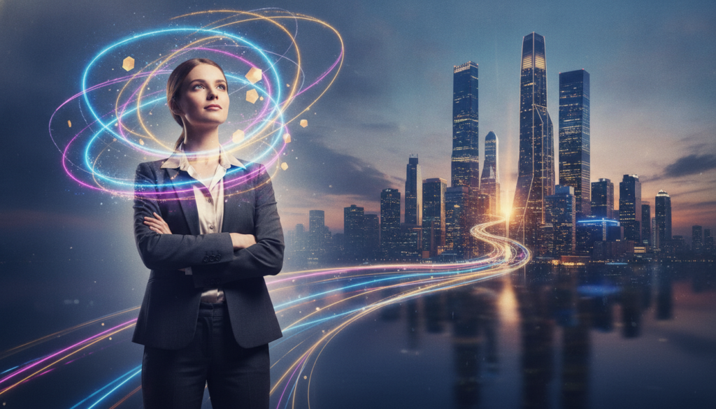 A surreal image representing "mindset and behavior change" in a dreamlike environment. In the foreground, a confident young Caucasian woman in professional business attire stands with her arms crossed, gazing upward with a determined expression. The midground features a swirling blend of neon colors and abstract shapes, symbolizing thoughts and ideas in dynamic motion. In the background, a vibrant cityscape glows under a twilight sky, filled with luminous skyscrapers that reflect ambition and success. The lighting is soft yet dramatic, casting ethereal glows around the subject and enhancing the sense of transformation. The overall mood is aspirational and uplifting, capturing the essence of acting as if you are already rich, with a high-end magazine advertisement vibe.