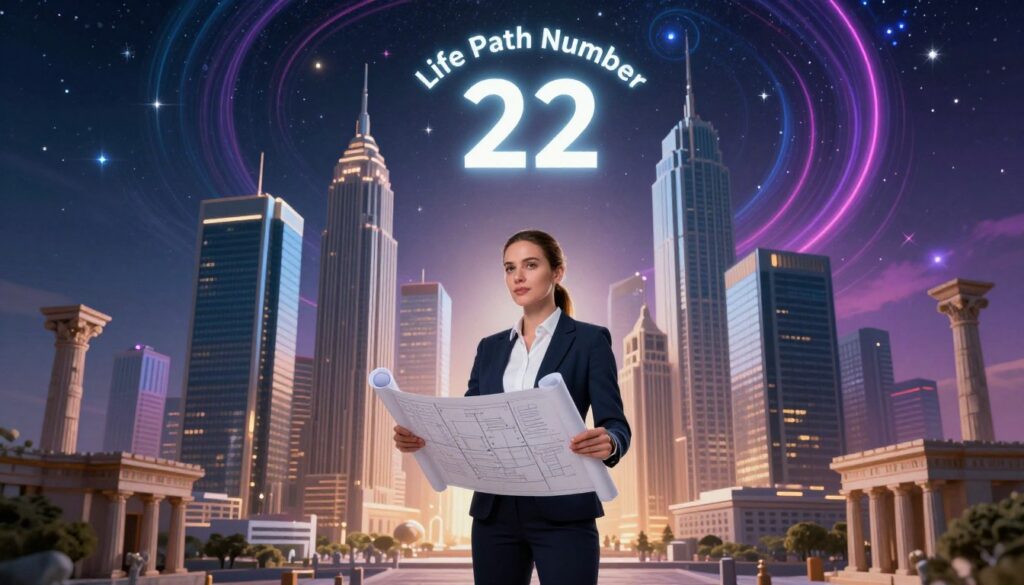 A surreal interpretation of Master Builder energy in numerology, with a focus on Life Path Number 22. In the foreground, a confident figure in professional business attire, a Caucasian man or woman, stands with a blueprint, symbolizing leadership and visionary thinking. The middle ground features an intricate architectural structure blending modern skyscrapers with ancient monuments, radiating creativity and ambition. In the background, a starry sky with swirling neon colors evokes a sense of magic and possibility. Soft ambient lighting highlights the figure, while dramatic shadows add depth to the architecture. The mood is inspiring and dynamic, capturing the essence of someone who builds empires and creates lasting legacies.