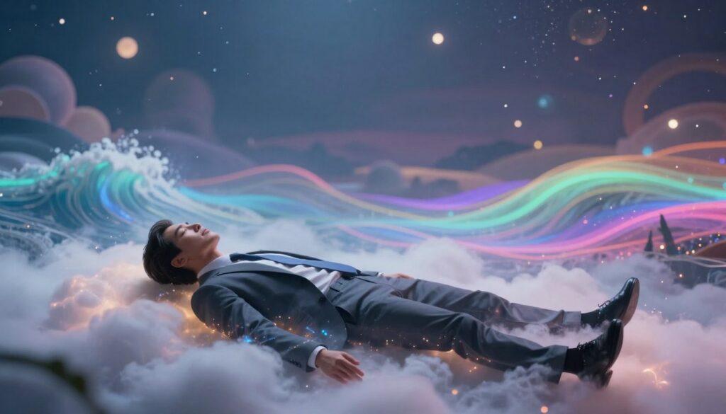 A surreal interpretation of astral projection, featuring a figure in professional business attire floating above their physical body, which lies peacefully on a cloud-like surface. The foreground showcases shimmering energy emanating from the figure, capturing the essence of consciousness separating from the body. In the middle ground, ethereal waves and vibrant neon colors swirl, symbolizing the vastness of the astral realm. The background presents a dreamlike landscape with soft, glowing orbs and abstract shapes, creating a sense of depth and infinity. Soft, ethereal lighting illuminates the scene, casting gentle shadows, while the angle is slightly elevated, offering a view of the figure's serene expression as they explore this otherworldly experience. The mood is calming and introspective, evoking a sense of wonder and spiritual exploration.