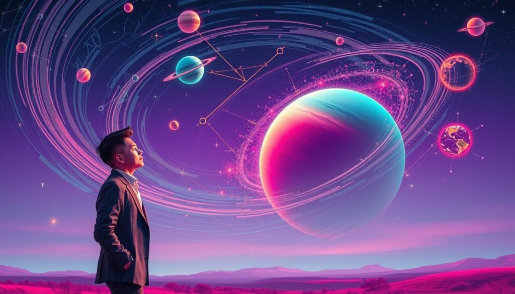 A surreal interpretation of challenging astrology transits and planetary energy, set in a dreamcore landscape with vibrant neon colors. In the foreground, a young adult dressed in stylish professional attire stands with a contemplative expression, gazing at a swirling cosmic scene filled with planets and astrological symbols. The middle layer features dynamic celestial elements, like shooting stars and chaotic constellations, that seem to disrupt the tranquil flow of energy. In the background, a gradient sky blends deep blues and purples, embodying the tension of these astrological influences. The lighting is ethereal, casting a soft glow on the figure while highlighting the vibrant colors of the planets. The overall mood is both introspective and energetic, capturing the essence of navigating through challenging astrological forces. A surreal interpretation of challenging astrology transits and planetary energy, set in a dreamcore landscape with vibrant neon colors. In the foreground, a young adult dressed in stylish professional attire stands with a contemplative expression, gazing at a swirling cosmic scene filled with planets and astrological symbols. The middle layer features dynamic celestial elements, like shooting stars and chaotic constellations, that seem to disrupt the tranquil flow of energy. In the background, a gradient sky blends deep blues and purples, embodying the tension of these astrological influences. The lighting is ethereal, casting a soft glow on the figure while highlighting the vibrant colors of the planets. The overall mood is both introspective and energetic, capturing the essence of navigating through challenging astrological forces.