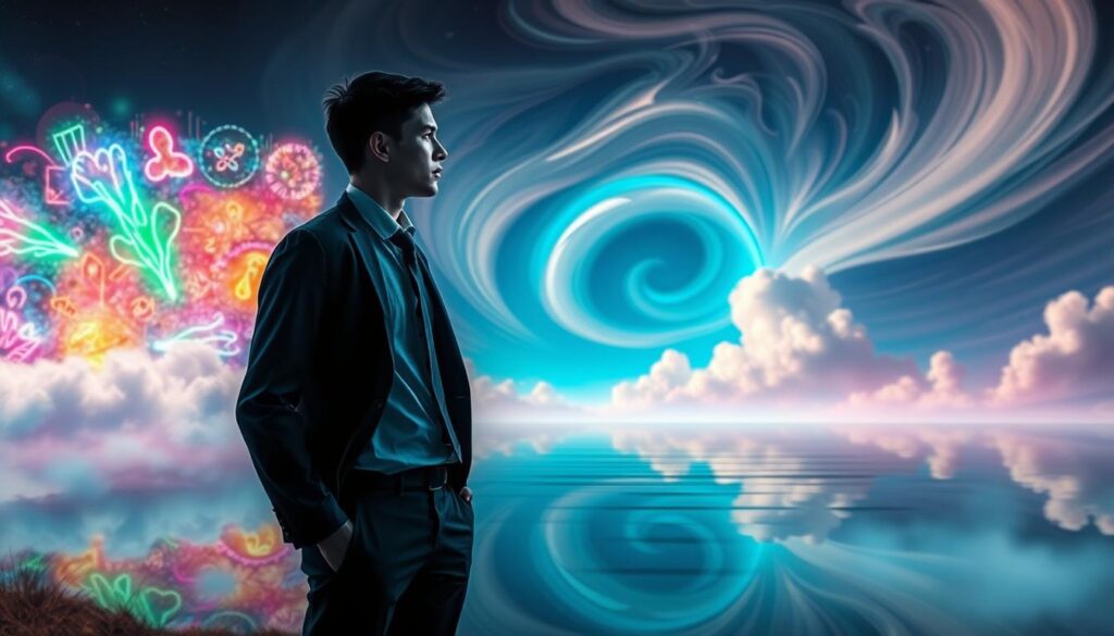 A surreal interpretation of imagination intertwining with reality, featuring a contemplative young adult in business attire, standing in a dreamlike landscape. The foreground reveals a shimmering portal filled with vibrant neon colors, symbolizing the power of imagination, while the middle ground transitions into a serene, reflective body of water representing reality. In the background, abstract shapes and ethereal clouds blend seamlessly into a swirling sky, capturing the essence of Dreamcore aesthetics. Ambient lighting casts a soft glow, enhancing the magical atmosphere, with a focus on contrasting light and shadows. The scene evokes a sense of wonder and introspection, hinting at the limitless possibilities of the mind, inviting viewers to reflect on the balance between imagination and tangible outcomes.
