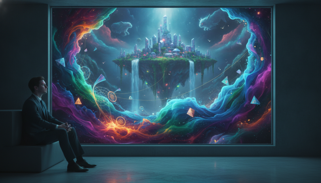 A surreal interpretation of inner conversations manifesting reality, featuring a solitary figure seated in a modern, minimalist room. The foreground showcases a person in professional business attire, deep in thought, with a soft glow of neon lights reflecting off their face. In the middle, imaginative waves of vibrant colors swirl, representing thought processes, blending dreamcore elements like abstract shapes and luminous patterns. The background features a large window showing an ethereal landscape, with dreamlike imagery suggesting possibilities beyond the 3D reality. The ambient lighting is moody yet colorful, creating an atmosphere of introspection and clarity. The composition should evoke a sense of transformation and manifestation, with a focus on introspective expression and a visually striking narrative. A surreal interpretation of inner conversations manifesting reality, featuring a solitary figure seated in a modern, minimalist room. The foreground showcases a person in professional business attire, deep in thought, with a soft glow of neon lights reflecting off their face. In the middle, imaginative waves of vibrant colors swirl, representing thought processes, blending dreamcore elements like abstract shapes and luminous patterns. The background features a large window showing an ethereal landscape, with dreamlike imagery suggesting possibilities beyond the 3D reality. The ambient lighting is moody yet colorful, creating an atmosphere of introspection and clarity. The composition should evoke a sense of transformation and manifestation, with a focus on introspective expression and a visually striking narrative.