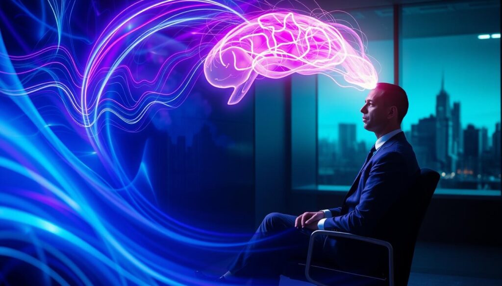 A surreal interpretation of subliminal messaging and conscious awareness, featuring a human figure seated in a sleek, modern office environment. The figure, wearing professional business attire, gazes intently at a wall adorned with abstract neon patterns that subtly shift and morph, symbolizing hidden messages. In the foreground, ethereal waves of light ripple outward, cascading over the figure's mind, suggesting the transformation of thoughts. The middle ground captures the interplay of vibrant colors—deep blues, radiant purples, and electric greens—creating a dreamlike atmosphere. The background features blurred silhouettes of cityscapes, enhancing the feeling of expansion and awareness. Soft yet dramatic lighting casts moody shadows, inviting intrigue and contemplation, capturing the essence of how subliminal messaging can influence perception and awareness. A surreal interpretation of subliminal messaging and conscious awareness, featuring a human figure seated in a sleek, modern office environment. The figure, wearing professional business attire, gazes intently at a wall adorned with abstract neon patterns that subtly shift and morph, symbolizing hidden messages. In the foreground, ethereal waves of light ripple outward, cascading over the figure's mind, suggesting the transformation of thoughts. The middle ground captures the interplay of vibrant colors—deep blues, radiant purples, and electric greens—creating a dreamlike atmosphere. The background features blurred silhouettes of cityscapes, enhancing the feeling of expansion and awareness. Soft yet dramatic lighting casts moody shadows, inviting intrigue and contemplation, capturing the essence of how subliminal messaging can influence perception and awareness.