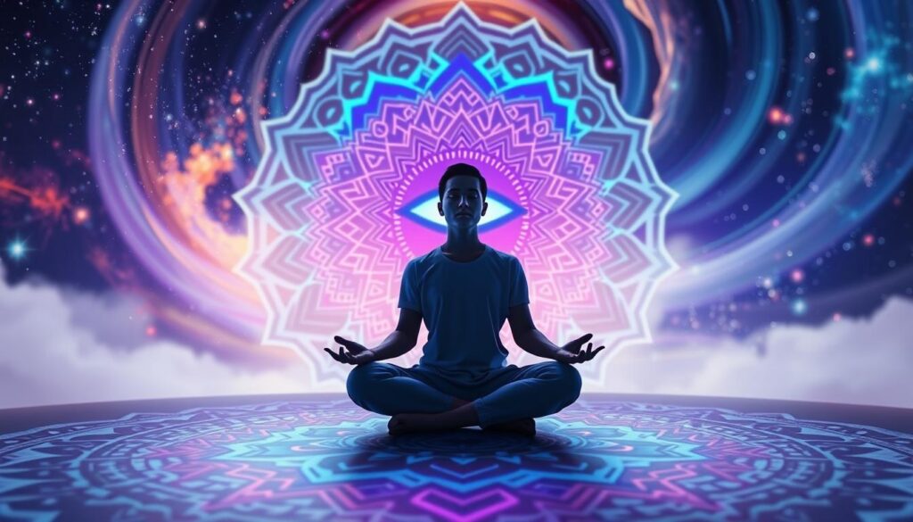 A surreal interpretation of the Ajna chakra, symbolizing inner awareness, set against a dreamlike composition. In the foreground, an ethereal, glowing third eye radiates soft, neon blues and purples, surrounded by intricate mandala patterns. In the middle, a silhouette of a meditating figure dressed in simple, modest clothing sits cross-legged, eyes gently closed, embodying tranquility and concentration. The background features a swirling cosmic landscape, with vibrant starfields and abstract shapes that create a mystical atmosphere. The lighting is soft and luminous, enhancing the dreamcore aesthetic, while a slight blur effect gives the scene an otherworldly quality. The mood is contemplative and serene, inviting viewers to explore the deeper meanings of third eye awakening.