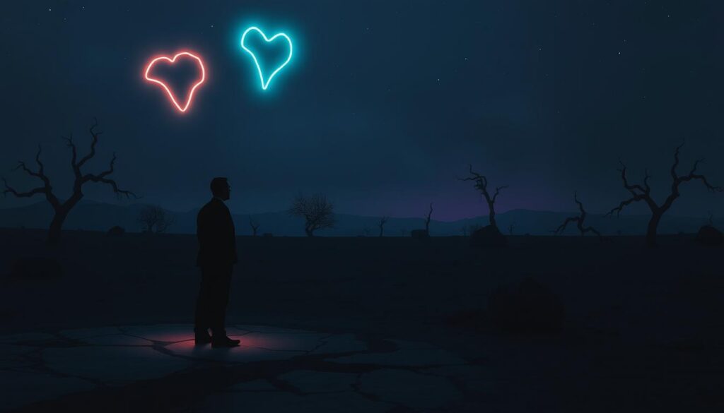 A surreal landscape depicting the concept of a "Dark Night of the Soul." In the foreground, a solitary figure dressed in professional business attire stands on a cracked path, illuminated by a faint, eerie glow emanating from neon-colored ethereal shapes that represent emotions of despair and uncertainty. The middle ground features shadowy silhouettes of twisted trees and sparse, gnarled rocks, signifying obstacles faced during this psychological journey. In the background, a dark, starless sky merges with hints of deep purple and indigo, conveying a sense of isolation and introspection. Soft, diffused lighting casts an otherworldly glow over the scene, creating a moody atmosphere that invites contemplation. The overall image embodies a haunting yet beautiful merge of darkness and potential, resonating with the struggle and growth of self-discovery. A surreal landscape depicting the concept of a "Dark Night of the Soul." In the foreground, a solitary figure dressed in professional business attire stands on a cracked path, illuminated by a faint, eerie glow emanating from neon-colored ethereal shapes that represent emotions of despair and uncertainty. The middle ground features shadowy silhouettes of twisted trees and sparse, gnarled rocks, signifying obstacles faced during this psychological journey. In the background, a dark, starless sky merges with hints of deep purple and indigo, conveying a sense of isolation and introspection. Soft, diffused lighting casts an otherworldly glow over the scene, creating a moody atmosphere that invites contemplation. The overall image embodies a haunting yet beautiful merge of darkness and potential, resonating with the struggle and growth of self-discovery.