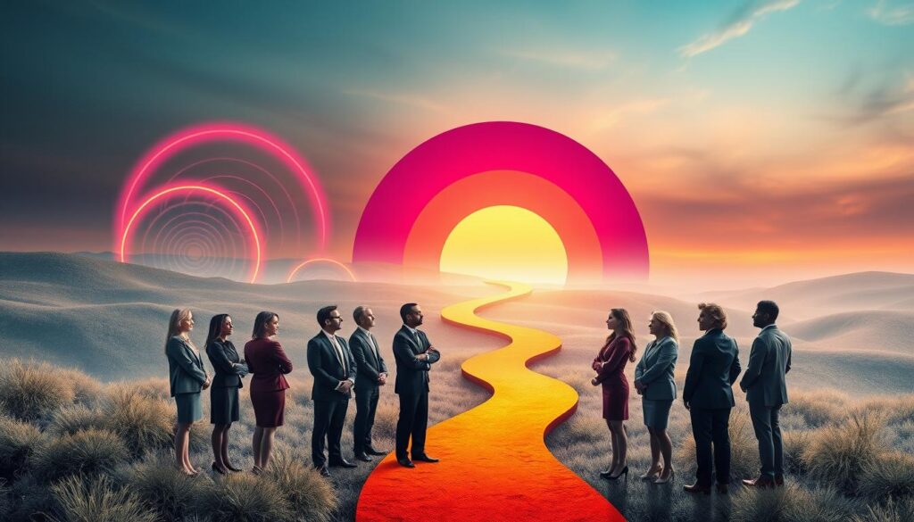 A surreal landscape depicting the theme of relationship patterns and personal growth. In the foreground, a diverse group of adults dressed in professional business attire stands in a circle, symbolizing connection and reflection, each person's expression conveying contemplation and empowerment. The middle ground features a colorful path winding through layered shapes representing past relationship patterns—circles, spirals, and lines in vibrant neon colors. In the background, an abstract representation of a sunrise symbolizes new beginnings, with soft, diffused lighting casting a warm glow over the scene. The atmosphere should be uplifting and inspiring, evoking a sense of hope and transformation, characterized by a dreamlike quality reminiscent of high-end magazine advertisements.