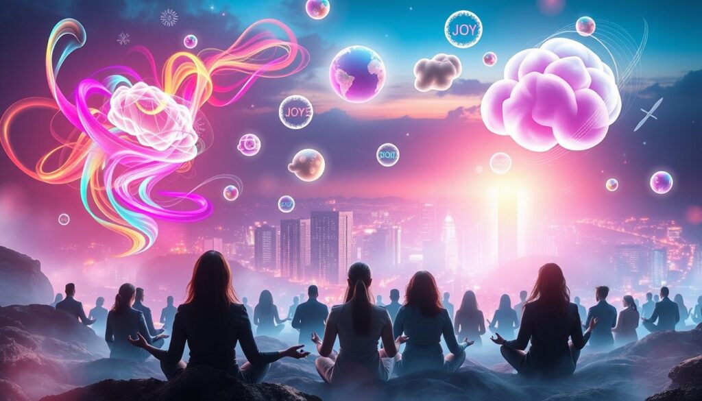 A surreal landscape illustrating the concept of "Thoughts, Emotions, and Vibration Shaping Reality." In the foreground, a diverse group of people in professional business attire are meditating, surrounded by swirling neon colors and ethereal patterns representing positive energy and vibrations. In the middle ground, floating thought bubbles of various shapes and sizes depict abstract emotions like joy, love, and tranquility, blending seamlessly with vibrant energy waves. The background features a dream-like cityscape bathed in soft, glowing light, emphasizing a sense of connection and harmony. Use dynamic lighting to create an uplifting atmosphere, with warm tones contrasting against cooler shades, evoking a sense of profound transformation and enlightenment. Capture the image from a slightly elevated angle to enhance depth and intrigue.