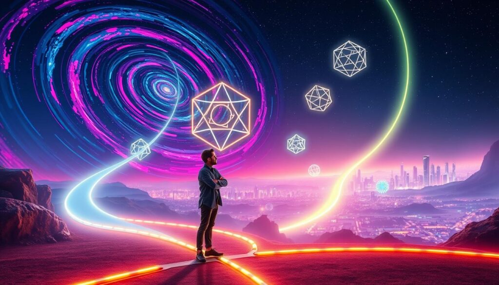 A surreal landscape representing alternatives space and possible lifelines, featuring a swirling galaxy in vibrant neon colors, with ethereal pathways branching off like glowing ribbons. In the foreground, a person dressed in smart casual attire stands thoughtfully at a crossroads, illuminated by soft, phosphorescent lights. The middle layer showcases floating geometric shapes symbolizing different lifelines, each adorned with radiant patterns. In the background, a dreamlike cityscape reflects the vibrancy and possibilities of life, under a starry sky that conveys a sense of boundless potential. The atmosphere is both hopeful and introspective, with a touch of mystique, captured in high-resolution with a smooth focus. The lighting is soft yet vivid, enhancing the luminous elements and creating a captivating visual depth.