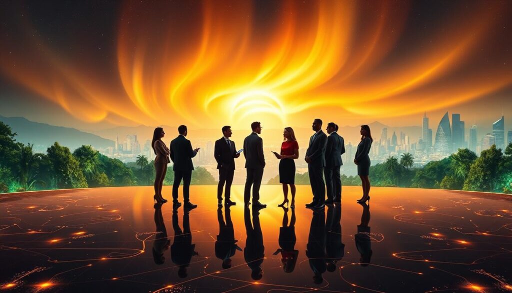 A surreal landscape representing the "frequency of wealth," featuring a radiant, golden aurora shimmering in the night sky. In the foreground, a diverse group of individuals dressed in professional business attire, engaging in collaborative discussions. They stand on an opulent, reflective surface that glimmers with neon colors, symbolizing abundance and prosperity. In the middle ground, lush greenery and elegant structures blending seamlessly with futuristic elements, evoking harmony between nature and wealth. The background showcases a serene city skyline bathed in soft glow, with stars sprinkled across the sky. Use a wide-angle lens to capture depth and emphasize the grandeur of the scene. The overall mood is uplifting and empowering, resonating with themes of opportunity and abundance, illuminated by ethereal lighting to enhance the dreamlike atmosphere. A surreal landscape representing the "frequency of wealth," featuring a radiant, golden aurora shimmering in the night sky. In the foreground, a diverse group of individuals dressed in professional business attire, engaging in collaborative discussions. They stand on an opulent, reflective surface that glimmers with neon colors, symbolizing abundance and prosperity. In the middle ground, lush greenery and elegant structures blending seamlessly with futuristic elements, evoking harmony between nature and wealth. The background showcases a serene city skyline bathed in soft glow, with stars sprinkled across the sky. Use a wide-angle lens to capture depth and emphasize the grandeur of the scene. The overall mood is uplifting and empowering, resonating with themes of opportunity and abundance, illuminated by ethereal lighting to enhance the dreamlike atmosphere.