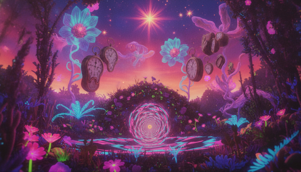 A surreal rabbit hole visualization, capturing a dreamcore aesthetic with vibrant neon colors. In the foreground, a whimsical, spiraling rabbit hole framed by lush, otherworldly foliage, intricate patterns of light glowing in hues of pink, blue, and green. The middle ground features ethereal elements like floating clocks, fantastical flowers, and swirling mists, symbolizing time and transformation. In the background, a stylized sky infused with chromatic gradients, reminiscent of a magical twilight. Soft, diffused lighting enhances the dreamlike quality, with a focus that mimics a high-end magazine advertisement angle. The overall atmosphere is enchanting and introspective, inviting the viewer to embark on a journey into the depths of their desired reality.