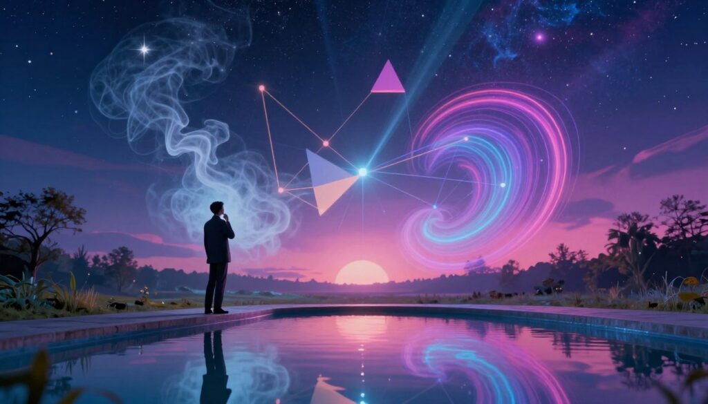 A surreal representation of Carl Jung's concept of synchronicity, featuring a dreamlike landscape with vibrant neon colors. In the foreground, a thoughtful figure in professional attire stands contemplatively at the edge of a reflecting pool, symbolizing introspection and connection. In the middle, abstract geometric shapes swirl, representing the acausal connections between events, intertwining with delicate wisps of smoke that convey a sense of mystery. The background showcases a vibrant night sky filled with stars, with ethereal light beams connecting the dots, emphasizing interconnectedness. The atmosphere is tranquil yet thought-provoking, inviting viewers to explore the depths of Jung's ideas. Soft, diffused lighting casts an enchanting glow on the scene, evoking a sense of wonder and curiosity. The composition should be dynamic, with a slight low-angle perspective, drawing the viewer's eye toward the shimmering reflections in the water.