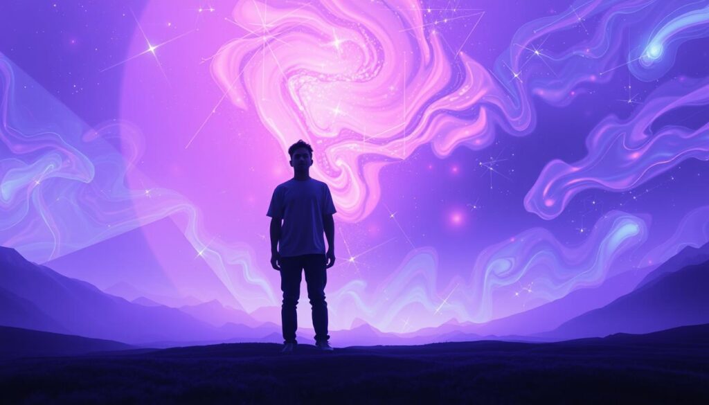 A surreal representation of an ego dissolution experience, featuring a human figure in modest casual clothing standing in the foreground, their outline subtly blending into a cosmic landscape filled with swirling neon colors in shades of purple, blue, and pink. The middle ground showcases ethereal patterns of light and abstract shapes, symbolizing the fluidity of identity and the merging of self with the universe. In the background, a vibrant dreamcore atmosphere shimmers with fluctuating forms that evoke feelings of liberation and detachment, all illuminated with soft, diffused lighting to create a tranquil yet otherworldly mood. The perspective is slightly elevated, capturing the essence of introspection and transformation.