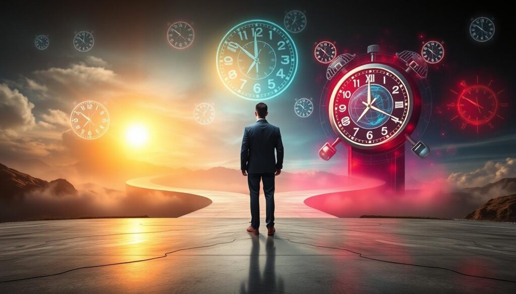 A surreal representation of "divine timing and forced action." In the foreground, a figure in professional attire stands at a crossroads, one path bathed in soft golden light symbolizing divine timing, while the other, cloaked in harsh neon colors, represents forced action. The middle ground features ethereal clock faces floating around, illustrating the concept of time. In the background, dreamy landscapes blend with abstract shapes and patterns, evoking the fluidity of destiny. The scene is illuminated by ambient lighting with a slight glow, creating a mystical atmosphere. Use a wide-angle lens to capture the entire scene dynamically, conveying an air of contemplation and the struggle between natural flow and forceful direction. A surreal representation of "divine timing and forced action." In the foreground, a figure in professional attire stands at a crossroads, one path bathed in soft golden light symbolizing divine timing, while the other, cloaked in harsh neon colors, represents forced action. The middle ground features ethereal clock faces floating around, illustrating the concept of time. In the background, dreamy landscapes blend with abstract shapes and patterns, evoking the fluidity of destiny. The scene is illuminated by ambient lighting with a slight glow, creating a mystical atmosphere. Use a wide-angle lens to capture the entire scene dynamically, conveying an air of contemplation and the struggle between natural flow and forceful direction.